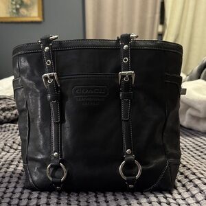Coach Black Leather Tote with Silver Accents